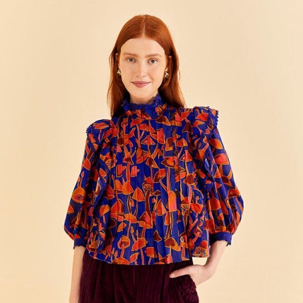Farm Rio Bright Blue Mushroom Sketch Blouse
